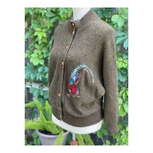 Vintage 70s Cardigan Kid Mohair Knit Turkey Applique Kitsch Sz 42 OOAK